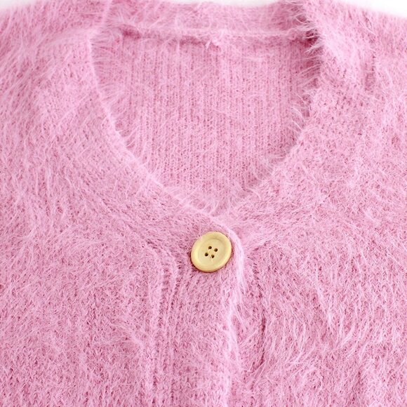 Casual Pink Women's Elegant Long Sleeve V Neck Cardigan with Wooden Button - Picture 5 of 7